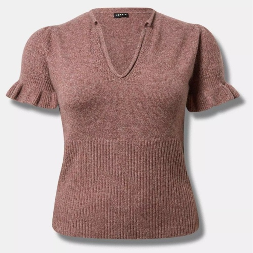 TORRID Vegan Cashmere Sweater V Neck Ruffle Short Sleeve Top Rose Mauve Size 4